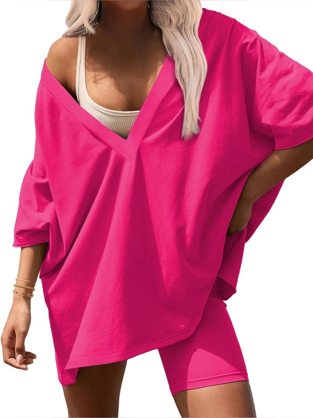 Women’s Oversized V-Neck Top and Shorts Set - Hot Pink